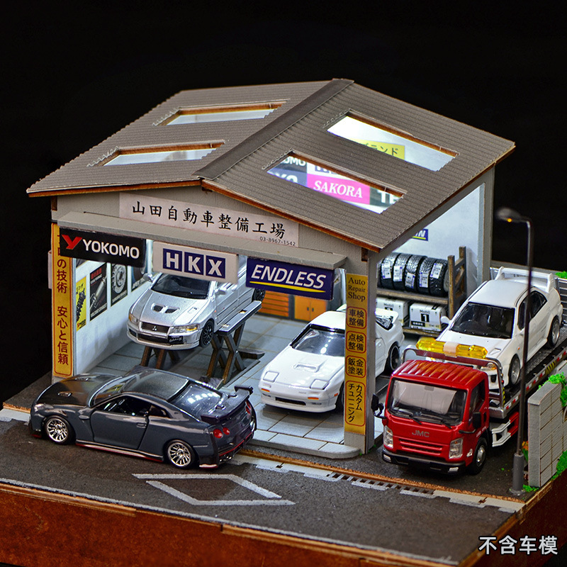 Model Kit Toy - 1:64スケールDIY自動車修理工場ジオラマキット（LEDライト付き）、ミニチュアガレージワークショップ（模型車展示用）