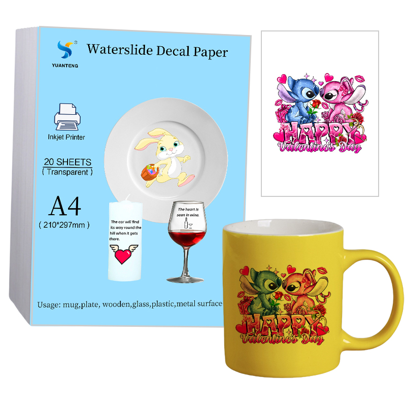 Waterslide Decal Paper - セラミック用熱転写紙、青い裏打ち紙、DIY用に印刷されたインクジェット、白い透明なウォータースライドデカール、バッグあたり20枚