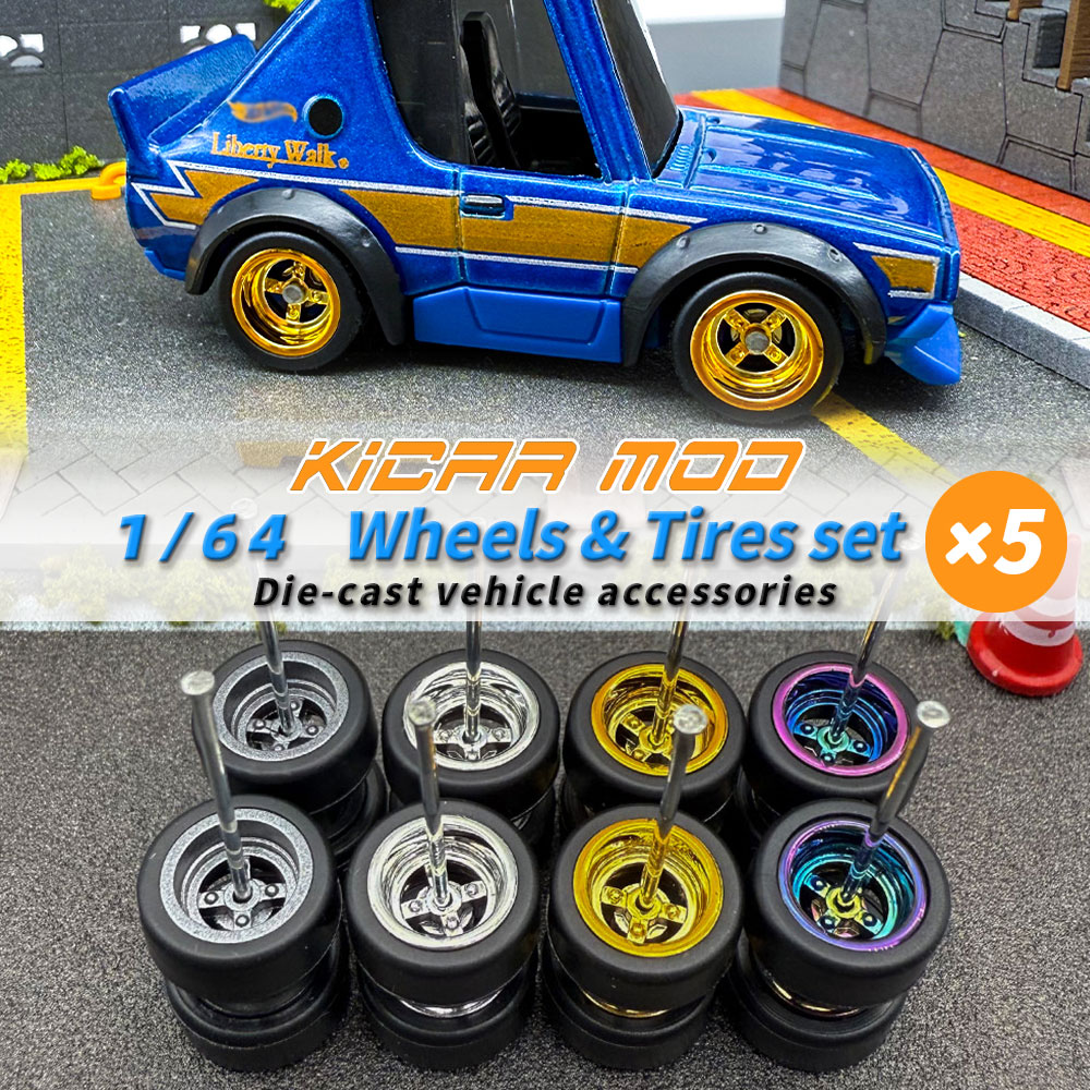 Model Kit Cars - 1/64モデル用着脱式ラバースリックタイヤABSホイール Qカー用メインラインダイキャストモデルカー改造パーツ-直径9.6mm（5セット）