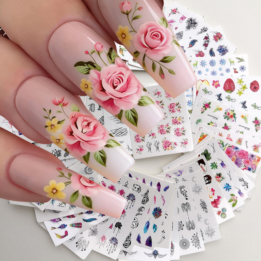 Waterslide Decal Paper - 48枚入りネイルアートステッカー、春夏の花、バラ、蝶、葉っぱ、アイスクリーム、唇、結び目、羽根、ココナッツの木、水転写ネイルデカールセット、非粘着性、水に浸して密閉する必要があります、モデルとスタイルはランダムで固定されていません。
