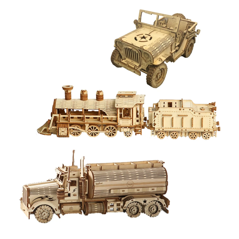 Model Kit Locomotive - 3D パズル可動クラシック蒸気機関車、車、ジープ、トラック組み立て DIY おもちゃギフト子供大人木製モデルビルディングブロックキット