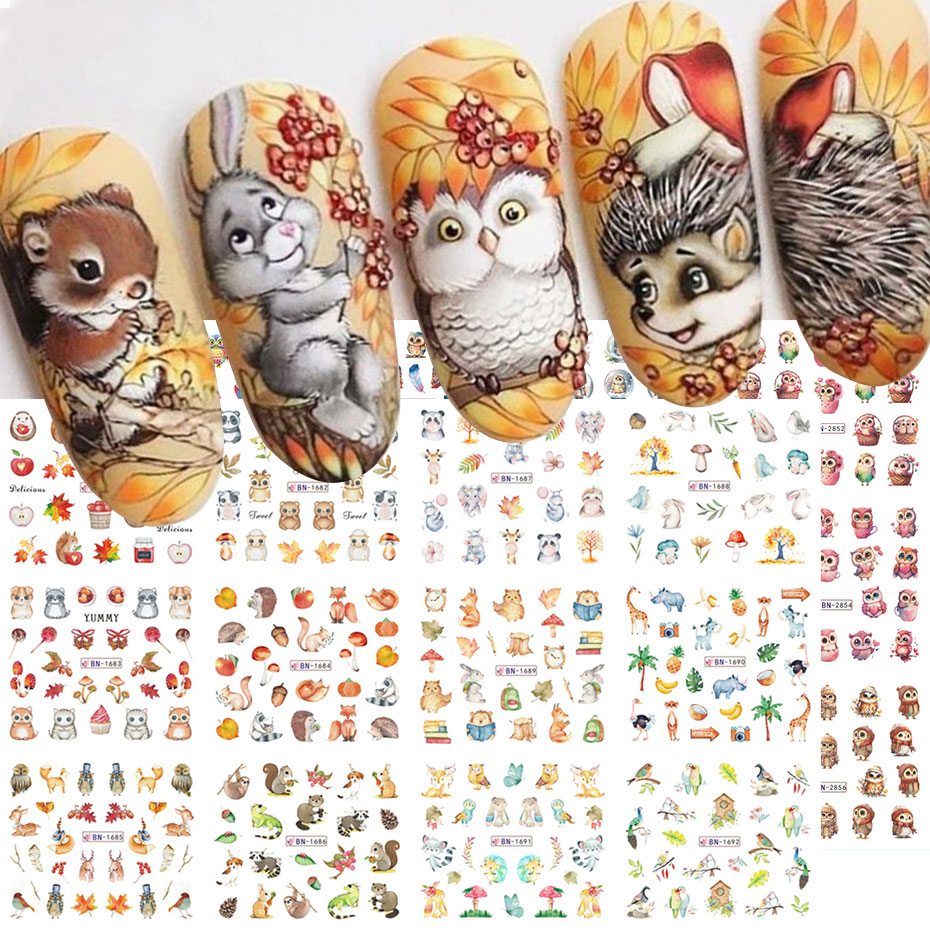Waterslide Decal Paper - 12 デザイン秋動物ネイルアート水ステッカー漫画フクロウリスキツネハリネズミ転送スライダー秋のテーマフルーツマニキュア装飾