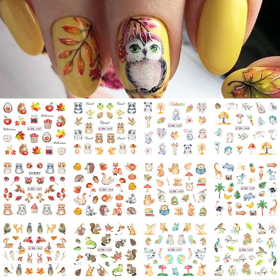 12 デザイン秋動物ネイルアート水ステッカー漫画フクロウリス - Waterslide Decal Paper のレビューと価格