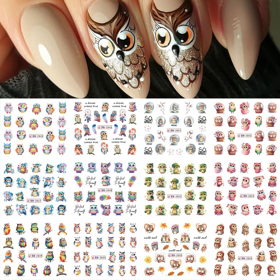 12 デザイン秋動物ネイルアート水ステッカー漫画フクロウリス - Waterslide Decal Paper のレビューと価格